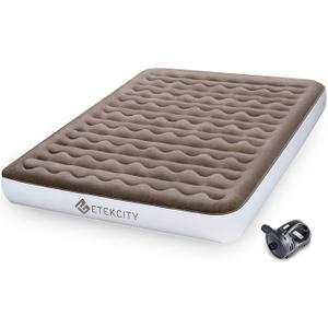 Etekcity Camping Air Mattress, Inflatable Mattress Air Bed Queen Twin with Rechargeable Pump, Leak-Proof Blow Up Mattress Raised Airbed , Height 9", Storage Bag , Brown