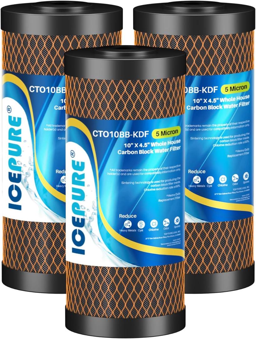 ICEPURE 5 Micron 4.5" x 10" CTO10BB-KDF Whole House Water Filter Coconut Shell Activated Carbon and KDF Heavy Metal Removal Water Filter Replacement for Home, 3PACK,10" x 4.5" (KDF+CTO Carbon)