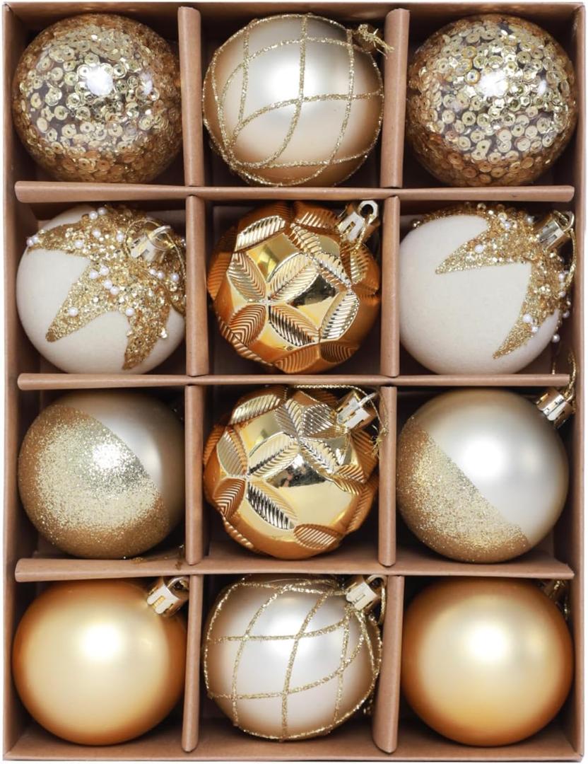 Christmas Tree Ornaments Decorations Set-12ct 3.14 Inch White Gold Velvet Ornaments for Christmas Tree Shatterproof Hanging Ball Ornament Bulk,Xmas Tree Tabletop Decorations for Holiday Decor
