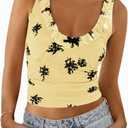 Tankaneo Womens Ruffle Deep V Neck Tank Tops Summer Sexy Floral Print Sleeveless Fitted Shirts Trendy Y2k Going Out Crop Tops (Yellow, M)