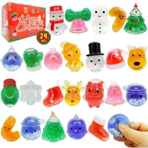 24Pcs Christmas Squishy for Party Favors Gifts, Stress Relief Toys for Goodie Bags Pinata Fillers, Stocking Stuffer for Kids, Treasure Box Carnival for Prizes Rewards, Fidget Squeeze Advent Calendar