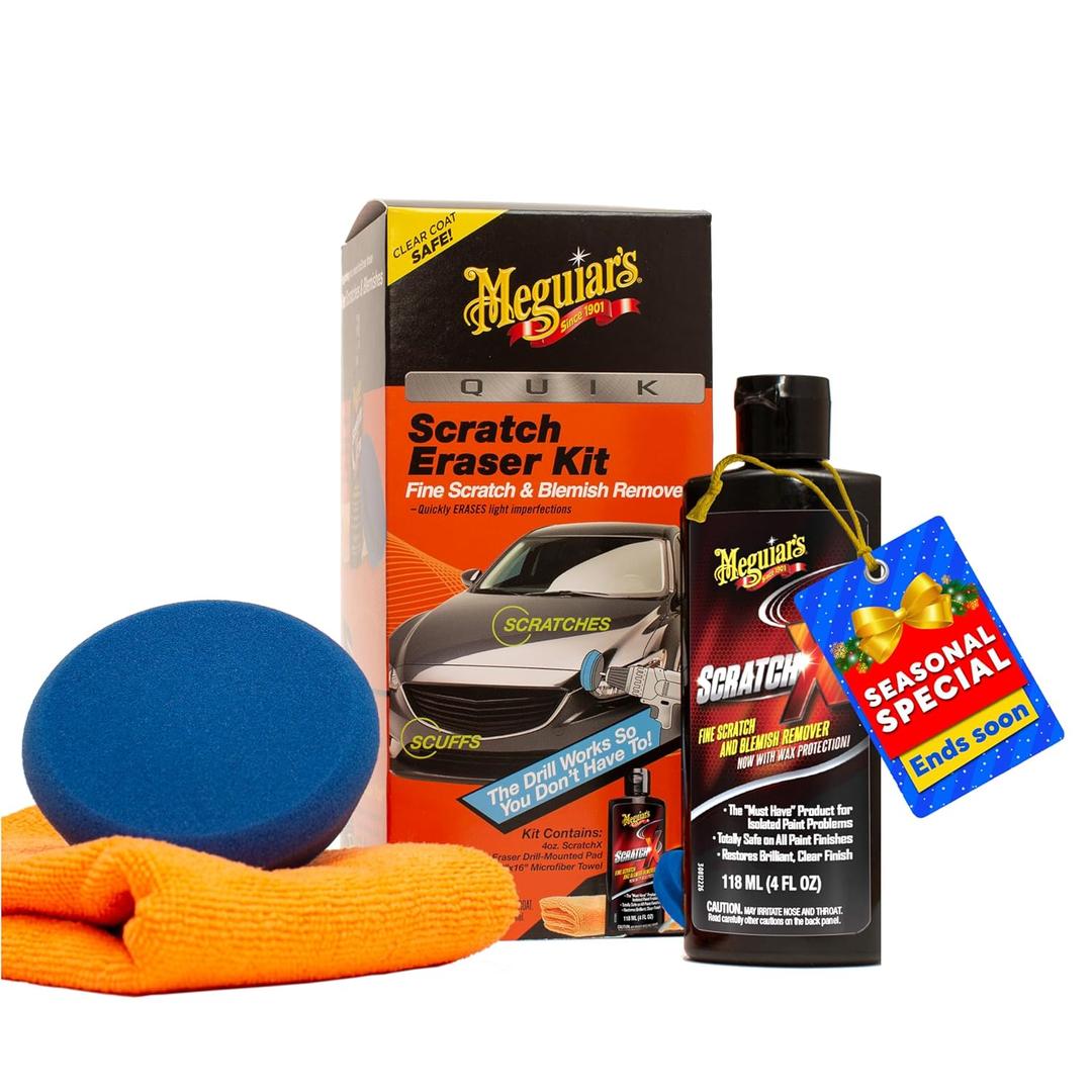 Meguiars Quik Scratch Eraser Kit, Car Scratch Remover for Fixing Surface Blemishes, Includes ScratchX, Drill-Mounted Pad, and Microfiber Towel, Great Car Gifts for Men and Women