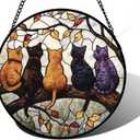 Stained Glass Window Hanging - 5 Cats on a Branch Suncatcher for Window Doors Home Decoration and Christmas, Mother's Day Father's Day Birthday Gifts for Women, Men, and Mom 6.3x6.3 in