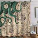 Fungarth Long Vintage Green Nautical Octopus Shower Curtain Mermaid Funny Ocean Kraken Shower Curtains for Bathroom Cool Anchor Coastal Map Waterproof Fabric Bath Curtain Decor (Retro2, 72 x 78)