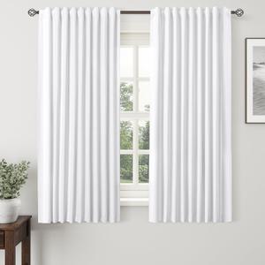 White Linen Blackout Curtains for Bedroom 63 Inch Length 2 Panels Set Back Tab Pocket Neutral Farmhouse Living Room Darkening Curtains Track System Thermal Insulated Black Out Drapes 52x63