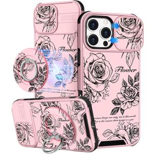 Buleens for iPhone 16 Pro Case 6.3 Inch - with Ring Stand & Camera Cover Aesthetic Cute Designed for Women Girls Girly Pretty Kawaii Roses Flowers Phone Case for iPhone 16 Pro Compatible with Magsafe