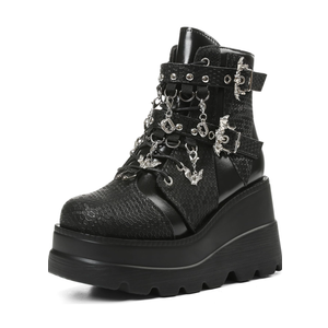 Tscoyuki Goth Platform Ankle Boots for Women - Bat Buckle Straps Rave Boots Zip Round Toe Combat Boots Womens Chunky Wedges High Heels Moto Booties 42