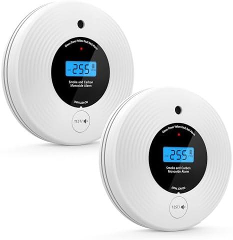 2 Pack 10 Year Battery Smoke and Carbon Monoxide Detector, Slim Smoke Alarm CO Detector with Large LCD Display, Adhesive or Screw Installation