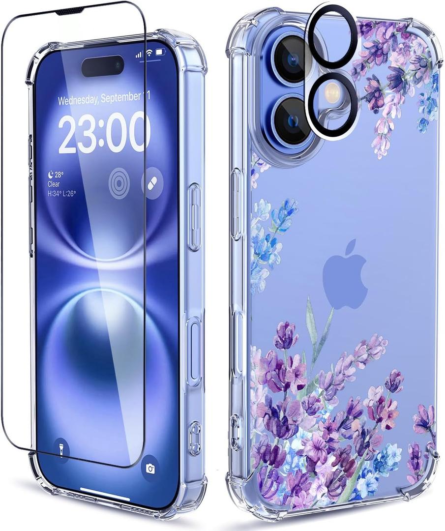for iPhone 16 Plus Case,[3 in 1] with Screen Protector & Camera Lens Protector, Flower Pattern Design,Clear Soft Shockproof Slim Floral Phone Cover for Women Girls 2024 6.7" (Lavender/Purple)