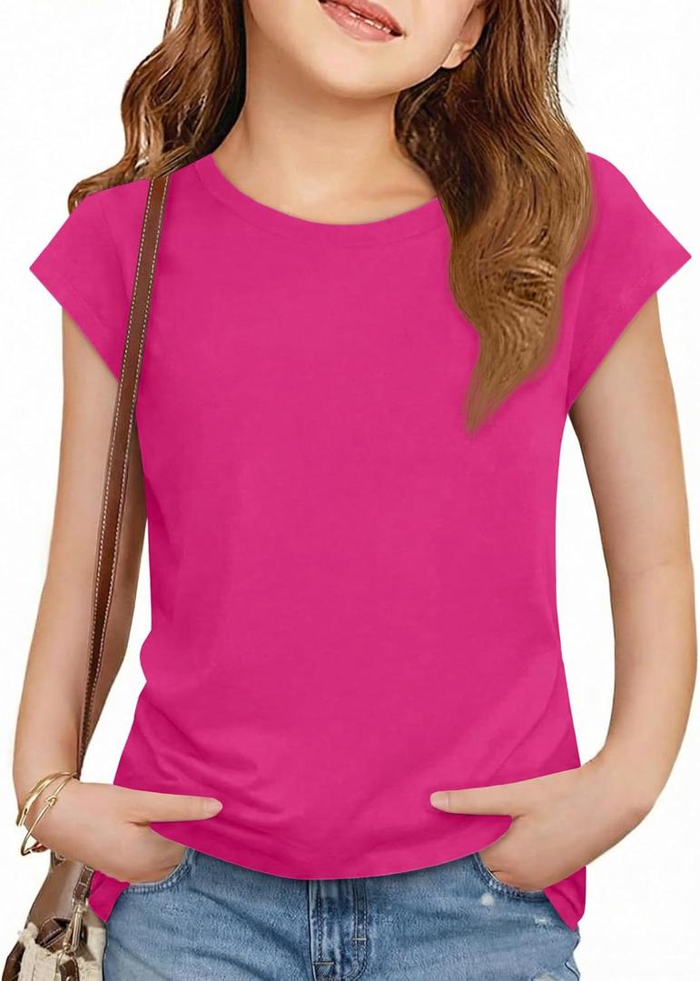 ZDC Girls Short Cap Sleeve T Shirts Kids Crewneck Summer Tops Basic Tees 5-14 Years (Pink)