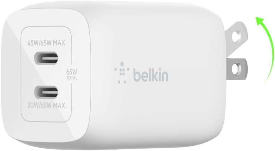 Belkin 65W Dual USB C Charger Block, Super Fast Charging PD3.0 w/ GaN Technology - Samsung Galaxy S25, Apple iPhone 17, Air, Pro, Pro Max, iPad, MacBook, AirPods, Nintendo Switch 2 & More - White