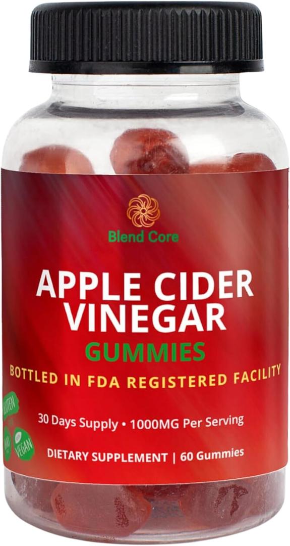 Apple Cider Vinegar Gummies with Vitamin B12  Vegan, Gluten-Free, Non-GMO  Apple & Purple Carrot Flavored  1000mg ACV  60 Gummies, 30-Day Supply