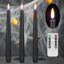 Black Flameless Taper Candles with Remote, Real Wax Halloween Candles, 9.6 Inch Battery Operated Led Candlesticks for Party Home Festival Decor, 3 Pack
