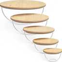 Vtopmart 5 Pack Glass Mixing Bowls with Bamboo Lids Set (3.75/2.1/1.1/0.5/0.2 QT), Salad Bowl Set, Nesting Kitchen Bowls for Serving, Prepping, Cooking and Baking, Dishwasher & Microwavable Safe