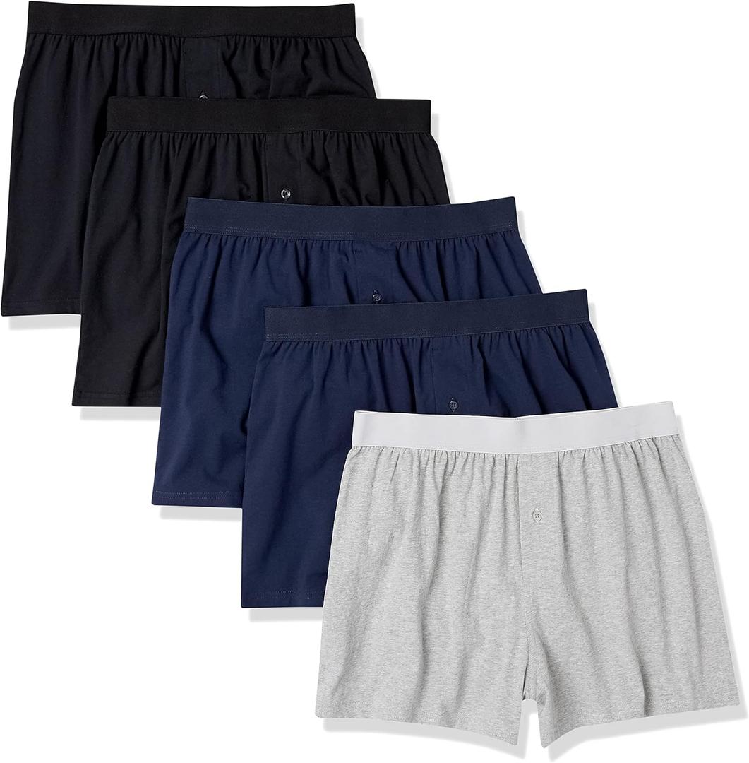 Amazon Essentials Cotton Jersey Boxers - Men's Underwear, Big & Tall, Pack of 5 (Large, Black/Grey Heather/Navy)