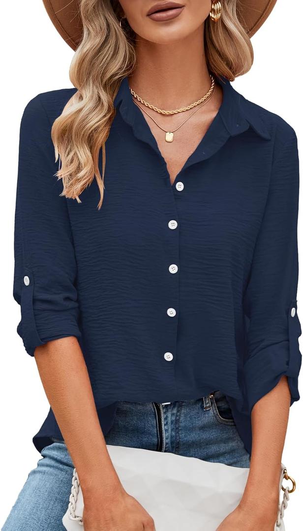 Odosalii Womens Button Down Shirts V Neck Rolled Up Long Sleeve Tops Elegant Dressy Blouses Business Casual Outfits (Blue, L)