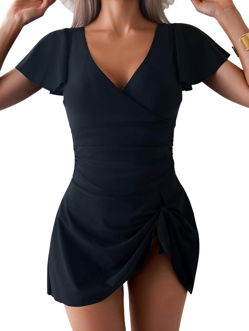 Women's One Piece Swimdress Swimsuits for Women Tummy Control Swim Dresses (Large, Black)