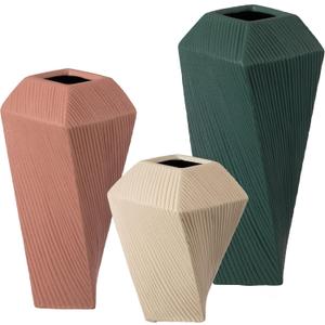 Decorative Ceramic Square Twisted Centerpiece Table Vase Set of 3, Green Large, Pink Medium, and Beige Small