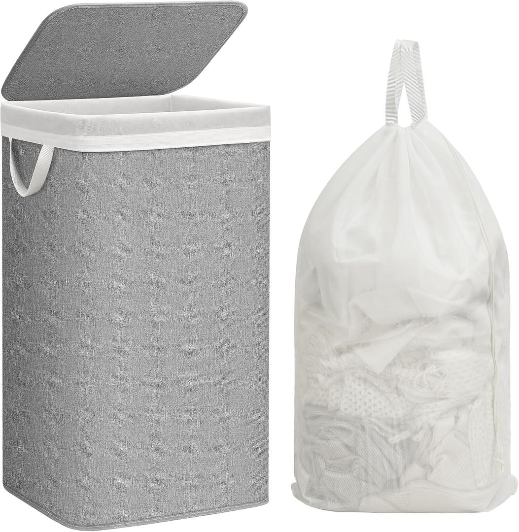 STORAGE MANIAC Metal Frame Laundry Hamper with Lid, 90L Tall Laundry Baskets with Removeable Bag, Large Clothes Hamper with PU Tag, Laundry Bin for Dorm, Collage, Bathroom, Bedroom, Gray