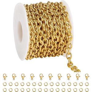 YOUBEIYEE 5 Meters Gold Plated Stainless Steel Chain on Spool Unwelded Cross Link Chain with Jump Rings and Lobster Clasps (1.6x6x8mm)