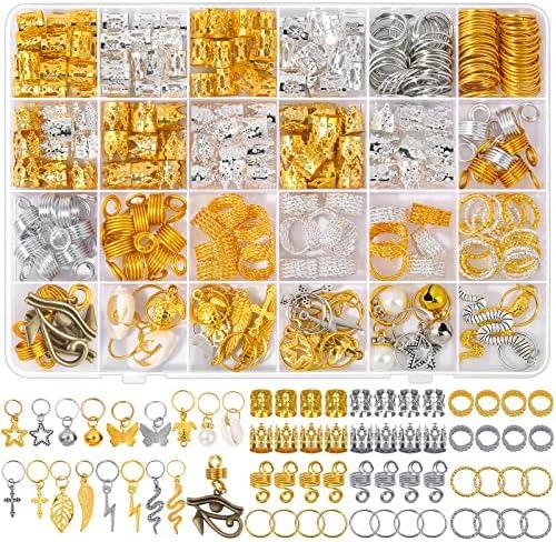Qinzave 294Pcs Hair Jewelry for Braids Loc Jewelry for Hair Dreadlocks, Braid Accessories for Women Men, Gold Braid Accessories with Cuffs Charms Pendants