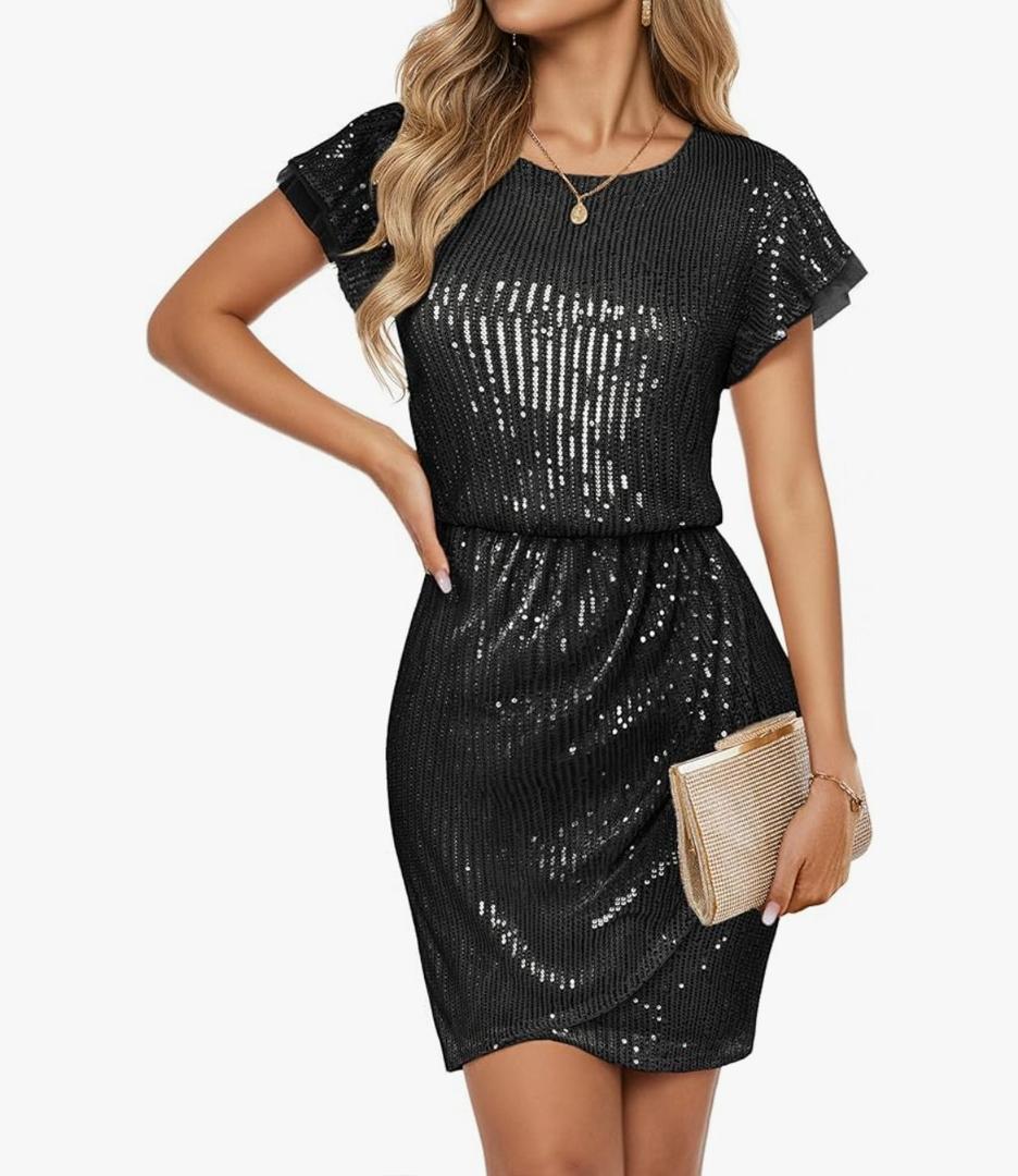 GRACE KARIN Women's Sparkly Sequin Dress Cap Sleeve Party Cocktail Holiday Dress Elegant Glitter Sparkly Dresses for Women (S, Black)