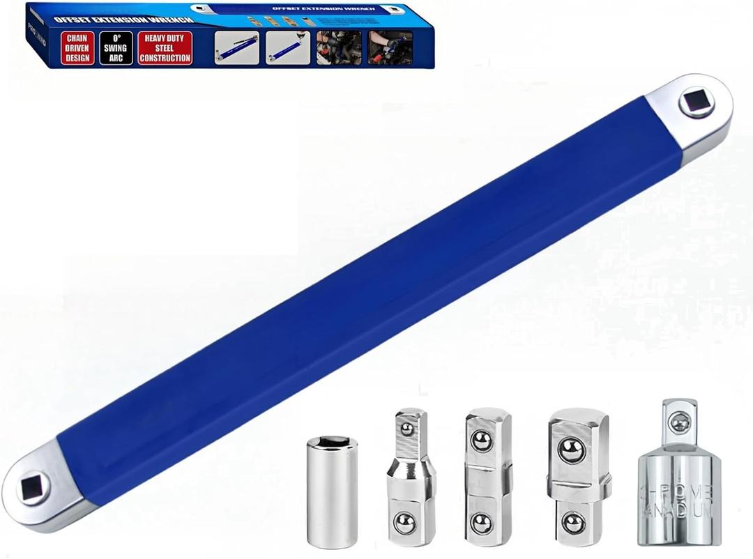 Offset Extension Wrench, Zero Degree Ratchet Extension Set Includes 1/2", 1/4" & 3/8" Drive Adapters, Ideal Universal Ratchet Extensions for Tight Spaces (Blue)