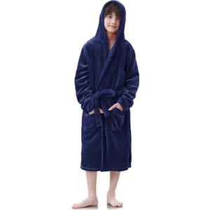IHU Boys Fleece Robe, Kids Hooded Soft Fuzzy Robes Bathrobe Toddler Flannel Pajamas Sleepwear Spa Plush Robe for Boys Girls 5-6Y