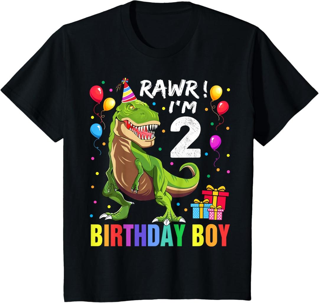 Kids 2 Year Old 2nd Birthday Boy T Rex Dinosaur T-Shirt, 2T