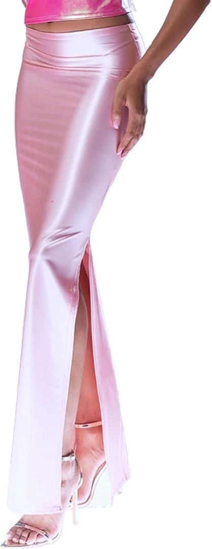 Molisry Women's Satin Silk Skirt Dressy High Waisted Side Slit Elegant A-Line Long Maxi Pencil Skirt Wedding (Pink, S)