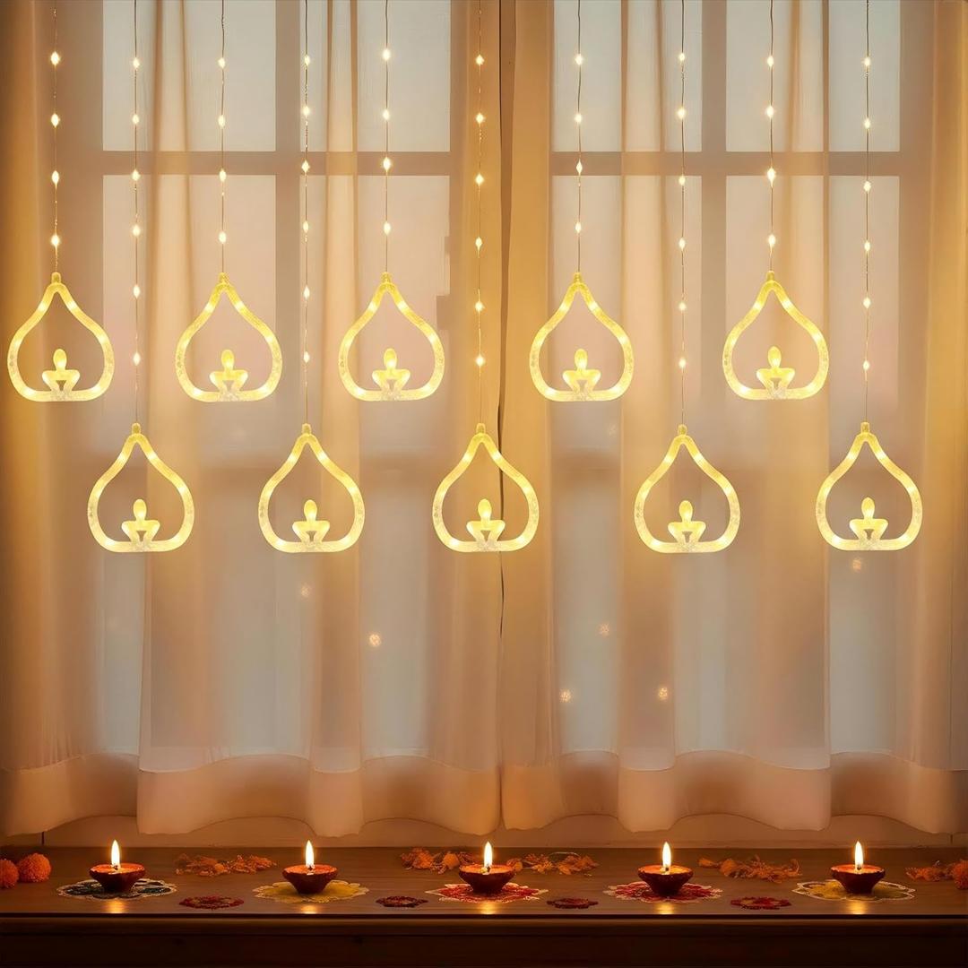 Diwali Curtain String Lights  110 LED Plug-in Lights with 10 Hanging Diya Ring Ornaments, 8 Modes Window Curtain Light for Diwali Home Mandir Decor, Warm White
