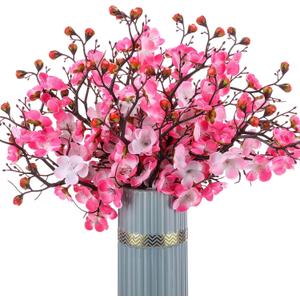 18 Pcs Artificial Plum Blossom Faux Flowers Silk Simulation Bouquet Flower Hibachi Party Decorations for Home Kitchen Hotel Office Wedding Party Garden (Pink,Classic)
