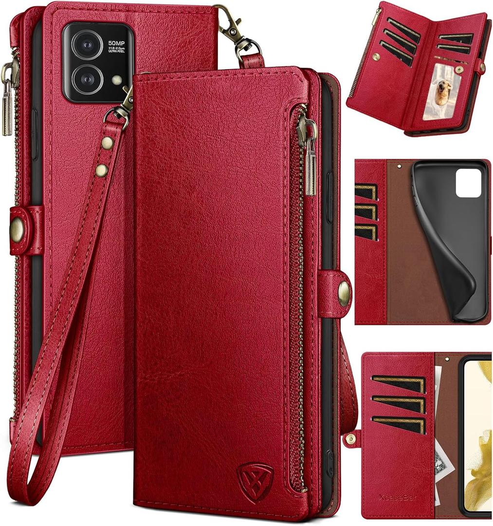 XcaseBar for Moto G Stylus 2023 5G Wallet case with Zipper Credit Card HolderRFID Blocking, Flip Folio Book PU Leather Phone case Shockproof Cover Women Men for Stylus2023 5G case Red