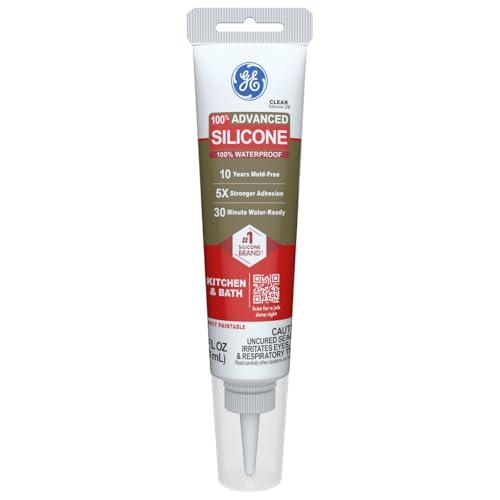 GE Advanced Silicone Caulk for Kitchen & Bathroom, Clear, 2.8 fl oz Tube, 1 Pack - 100% Waterproof Silicone Sealant, 5X Stronger Adhesion, Shrink & Crack Proof Exp. 04/2027