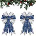 ABTOLS 2PCS Christmas Wreath Bows, Sliver Glitter Bows for Wreath Xmas Dot Decor Bow for Front Door Blue Tree Topper Bows for Winter New Year Wall Ornaments Home Indoor Outdoor Decor