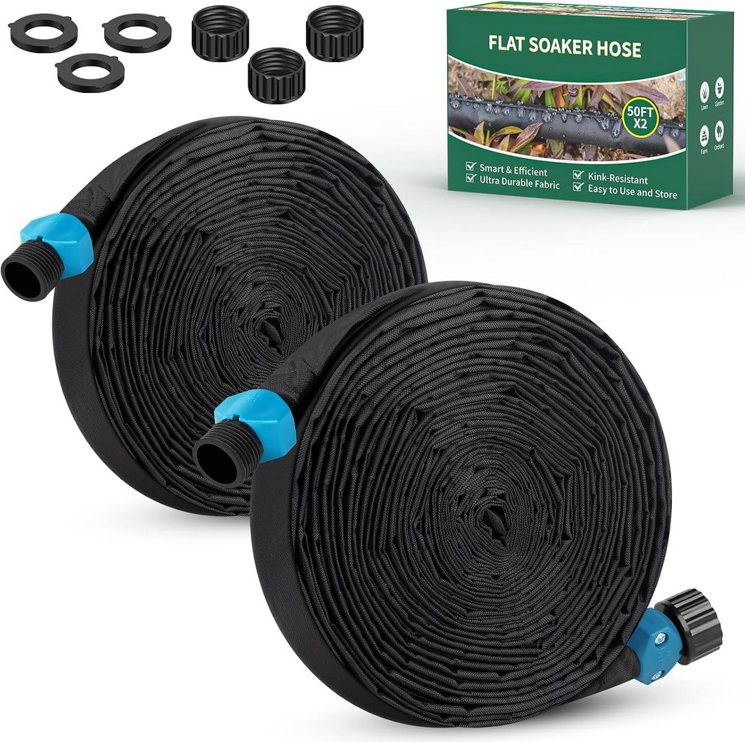 Soaker Hose 100ft (50ft*2), Heavy Duty Garden Hose for DIY Irrigation System,Drip Irrigation Hose Save 80% Water, Leakproof Design, Flexible Water Hose with Holes for Lawn, Garden Bed, Vegetable Field
