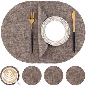 Homaxy Round Faux Leather Placemats and Coasters, Washable Dual-Side Table Mats, Wipeable Heat-Resistant Dining Place Mats for Outdoor and Indoor, Set of 4, Diameter 13 and 3.93 inch, Dark Brown