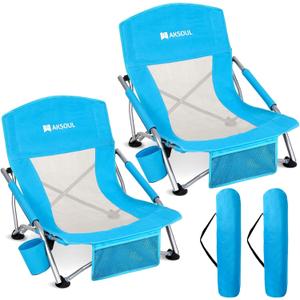 AKSOUL Folding Beach Chair for Adults: Low/High Back Chairs with Carry Bag - Extra Wide Seat Chair with Comfortable Pillow & Storage Pocket (1 Pack & 2 Pack, Blue) (Low Back Blue 2 Pcs)