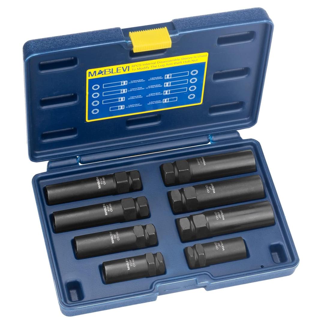 MABLEVI 8PCS Wheel Lock Removal Kit, SAE Metric Locking Lug Nut Master Key Set for Aftermarket and Factory Wheel Tire Keys, Removing Spline Lug Nut Socket