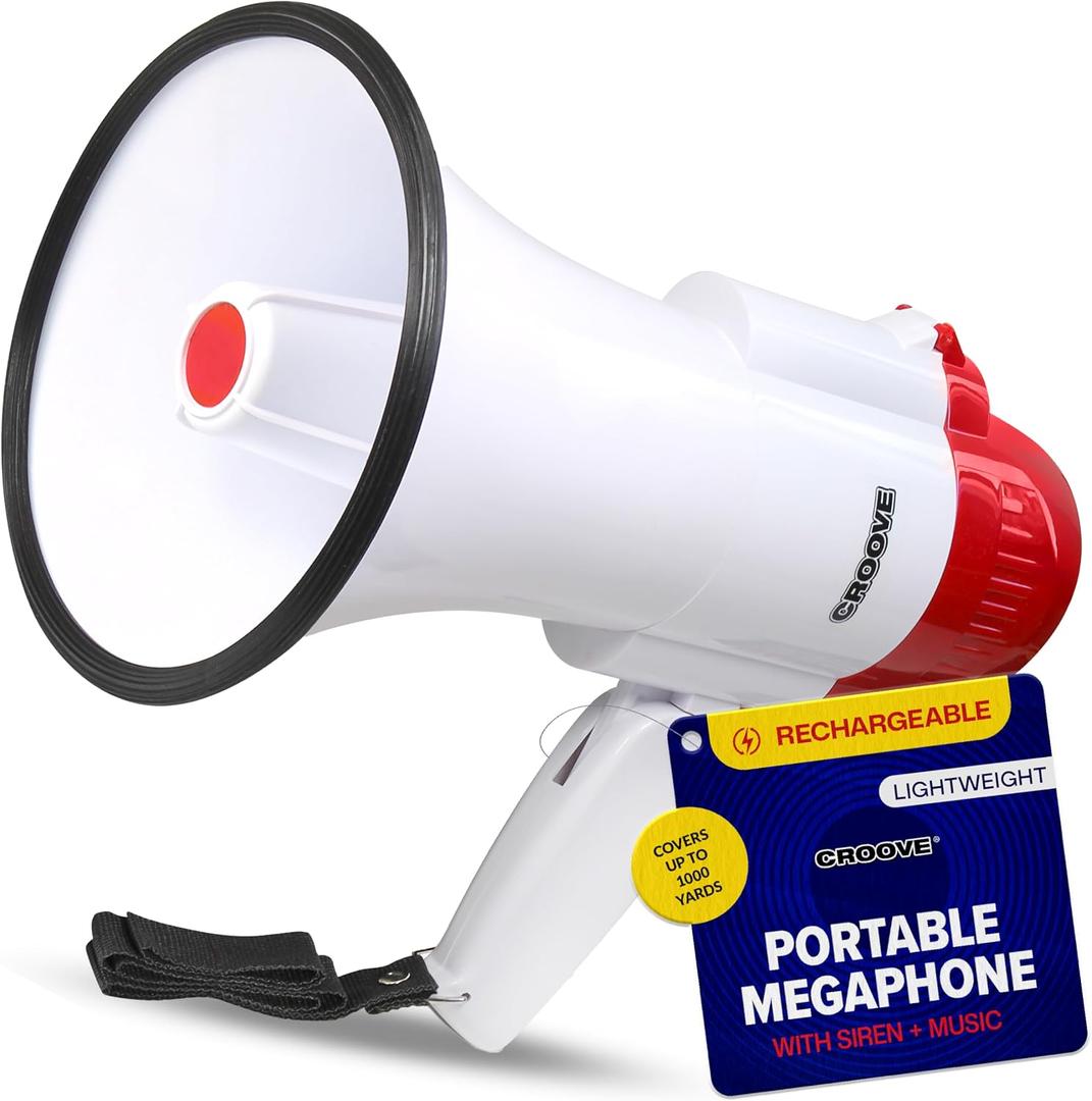 Rechargeable Megaphone Bullhorn Speaker, 1000 Yard Voice Range, Lightweight Mini Blow Horn, Loud Mega Phone With Siren & Music, Bull Horn Noise Makers for Sporting, Camp Counselor, Coach Essentials