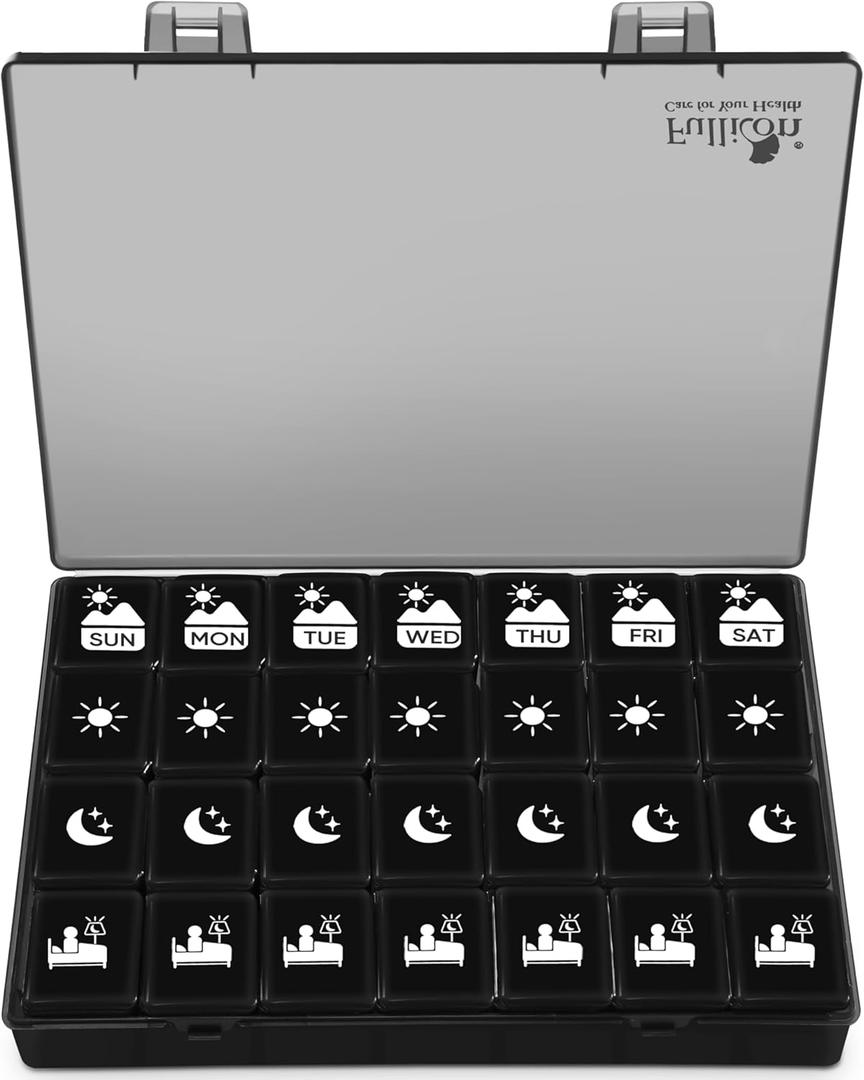 Fullicon Extra Large Weekly Pill Organizer 4 Times a Day, XL Large Pill Box, 7 Day Medicine Organizer, Pill case for Vitamin/Fish Oil/Supplements (Black)