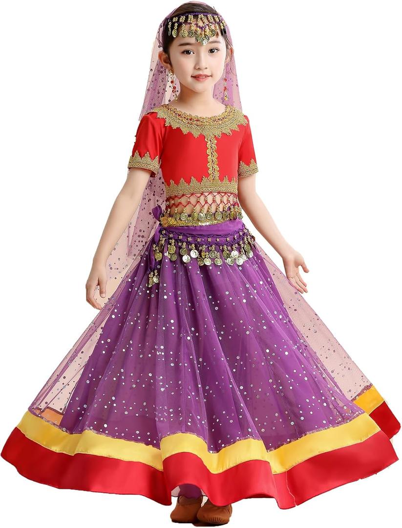 ORIDOOR Belly Dance Dress Girls Indian Bollywood Halloween Costume Chiffon Skirts Shiny Belly Dance Suits (11-13 Years, A-red+purple)