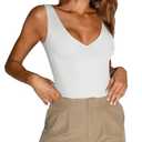 REORIA Women's Summer Sexy Plunge Deep V Neck Sleeveless Double Lined One Piece Tank Tops Thong Bodysuits Leotards for Going Out White Medium.M
