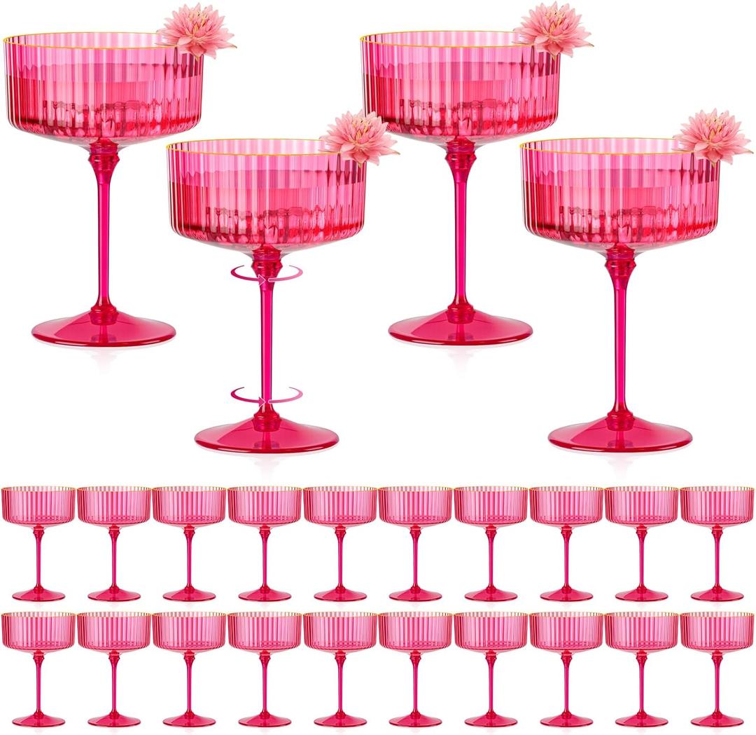 24 PCS Ribbed Coupe Glasses Hot Pink Plastic Champagne Coupe Cup 10oz Detachable Gold Rim Espresso Martini Glass Vintage Margarita Glassware Cocktail Glass Set for Valentine's Day Bachelorette Party