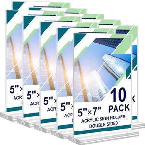 Acrylic Sign Holder 5 x 7, 10 Pack Clear Table Menu Vertical Display Stand Desktop Display Double Sided Stand Paper Holder Table Sign Suitable for Restaurants Office Store Show Fair