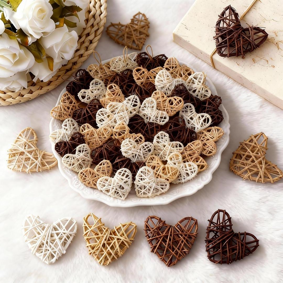 24 Pcs Neutral Valentine's Day Heart Rattan Ornaments 2.75 Inch Valentine Wicker Rattan Heart DIY Farmhouse Vase Bowl Fillers for Valentines Wedding Xmas Tree Ornament Baby Shower Party Decor