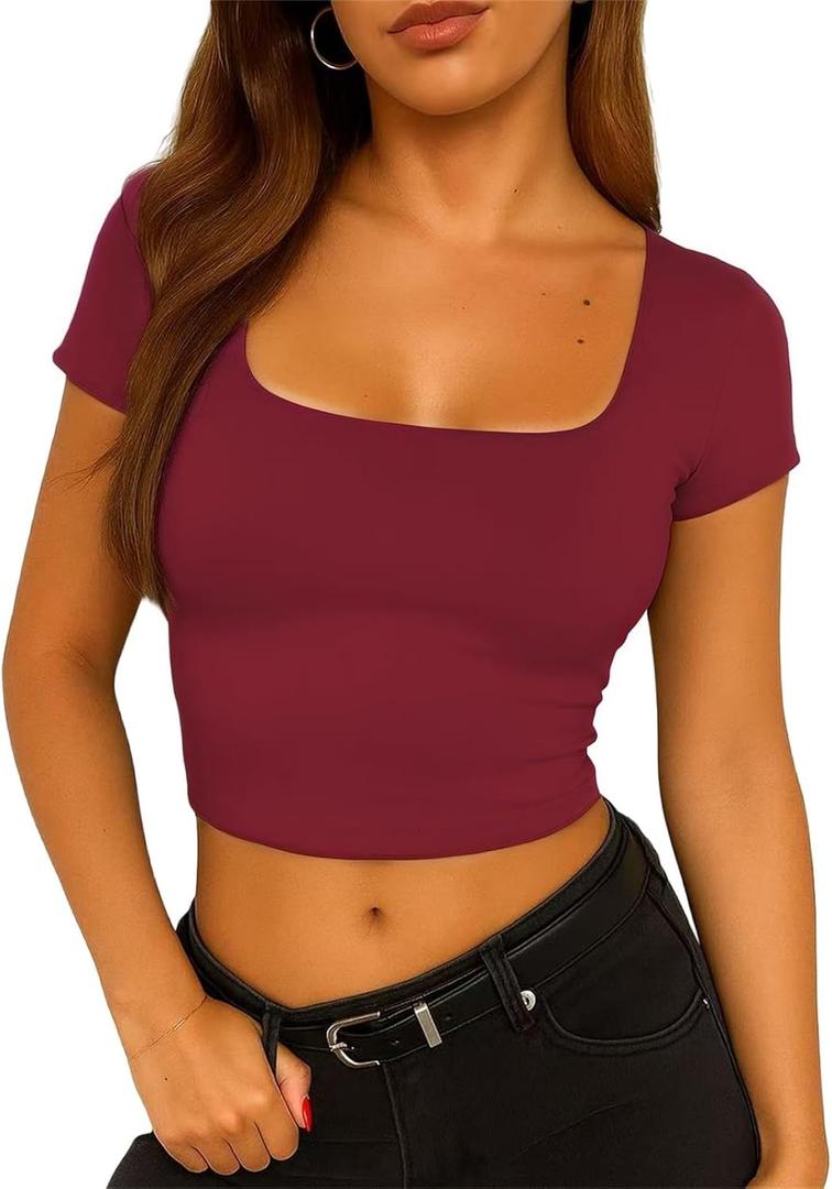 ForeFair Womens Square Neck Going Out Crop Tops Double Lined Tshirts Summer Short Sleeve Tight Tees (XS)