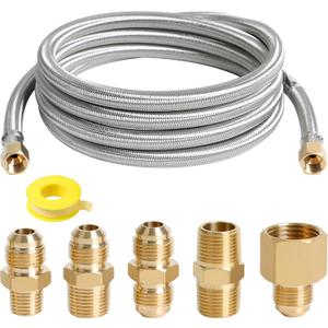 ATKKE 10FT High Pressure Propane Extension Hose with Conversion Couplings Kit, Steel Braided Propane Gas Line with Pipe Fitting 3/8" Flare for BBQ Grill, Heater, Fire Pit