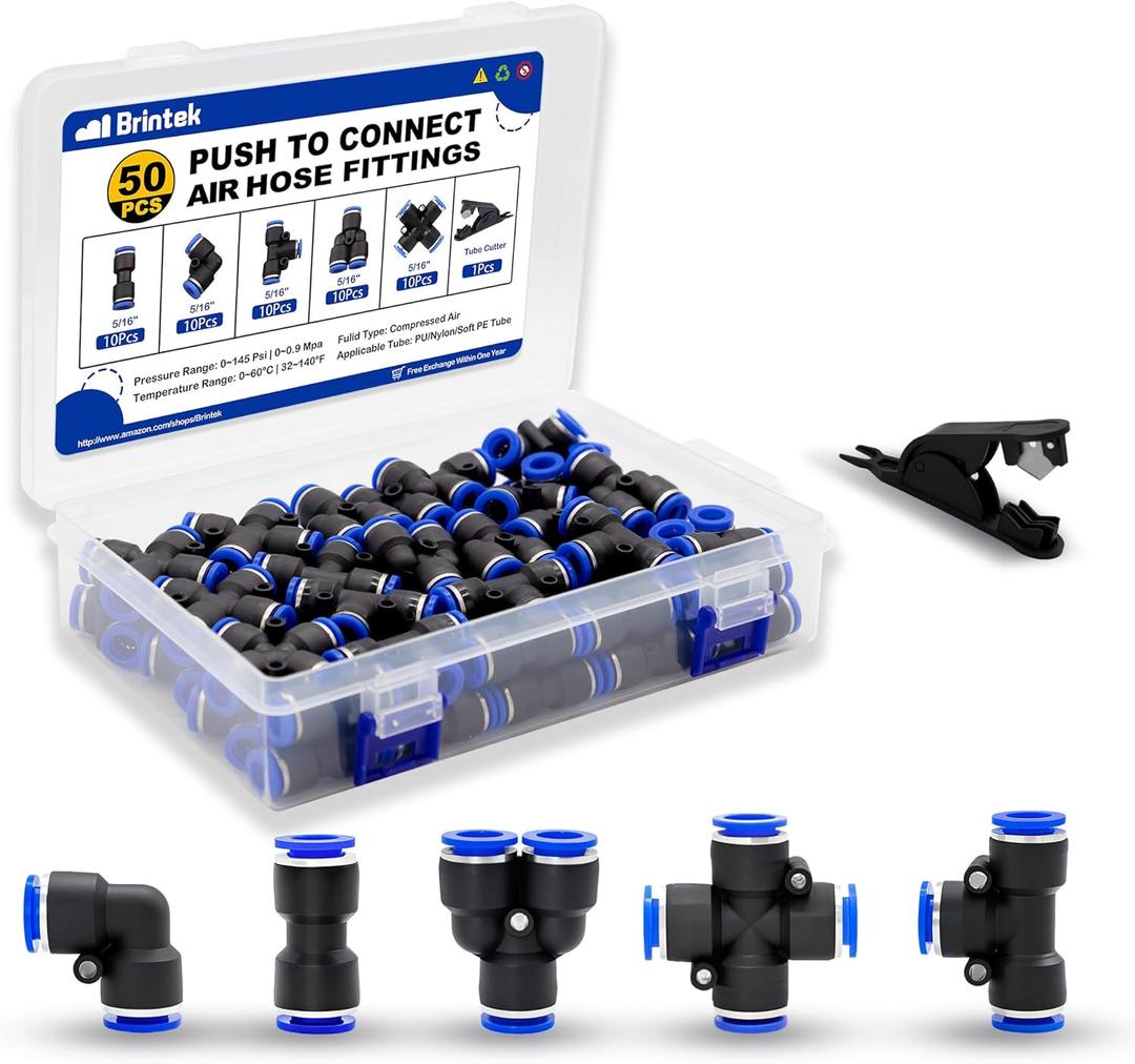 50PCS Push to Connect Fitting Kit, 5/16" or 8mm Air Hose Quick Connectors Pneumatic 10 Spliters+10 Elbows+10 Tee+10 Straight+10 Cross with 1PCS Tube Cutter