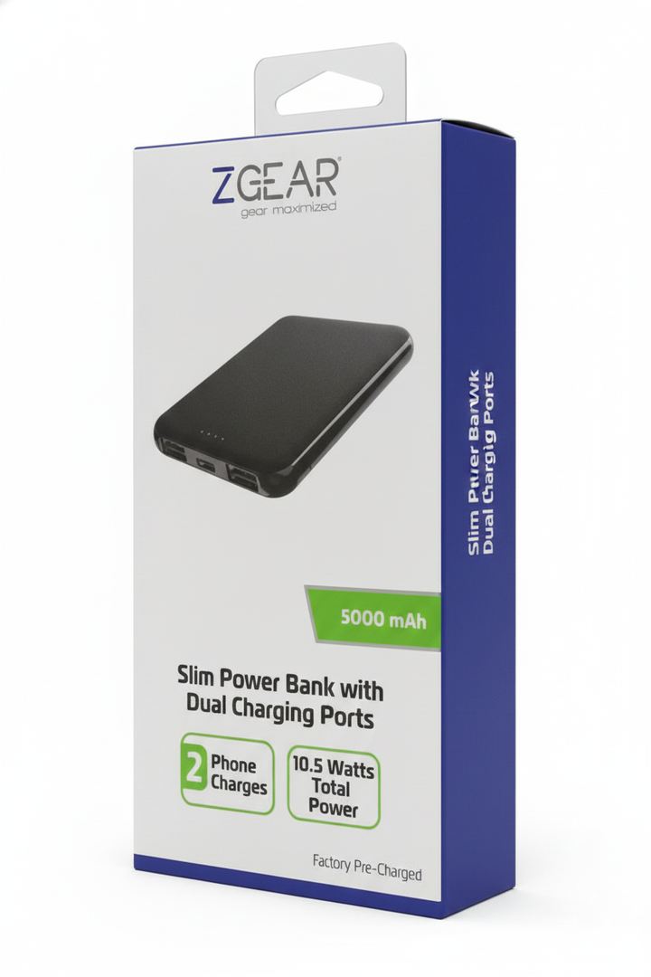 ZGear 5000 mAh Slim Dual Charging Port Power Bank - Black